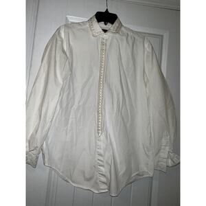 Dockers women’s white button down blouse collared aztec embroidered trim SMALL